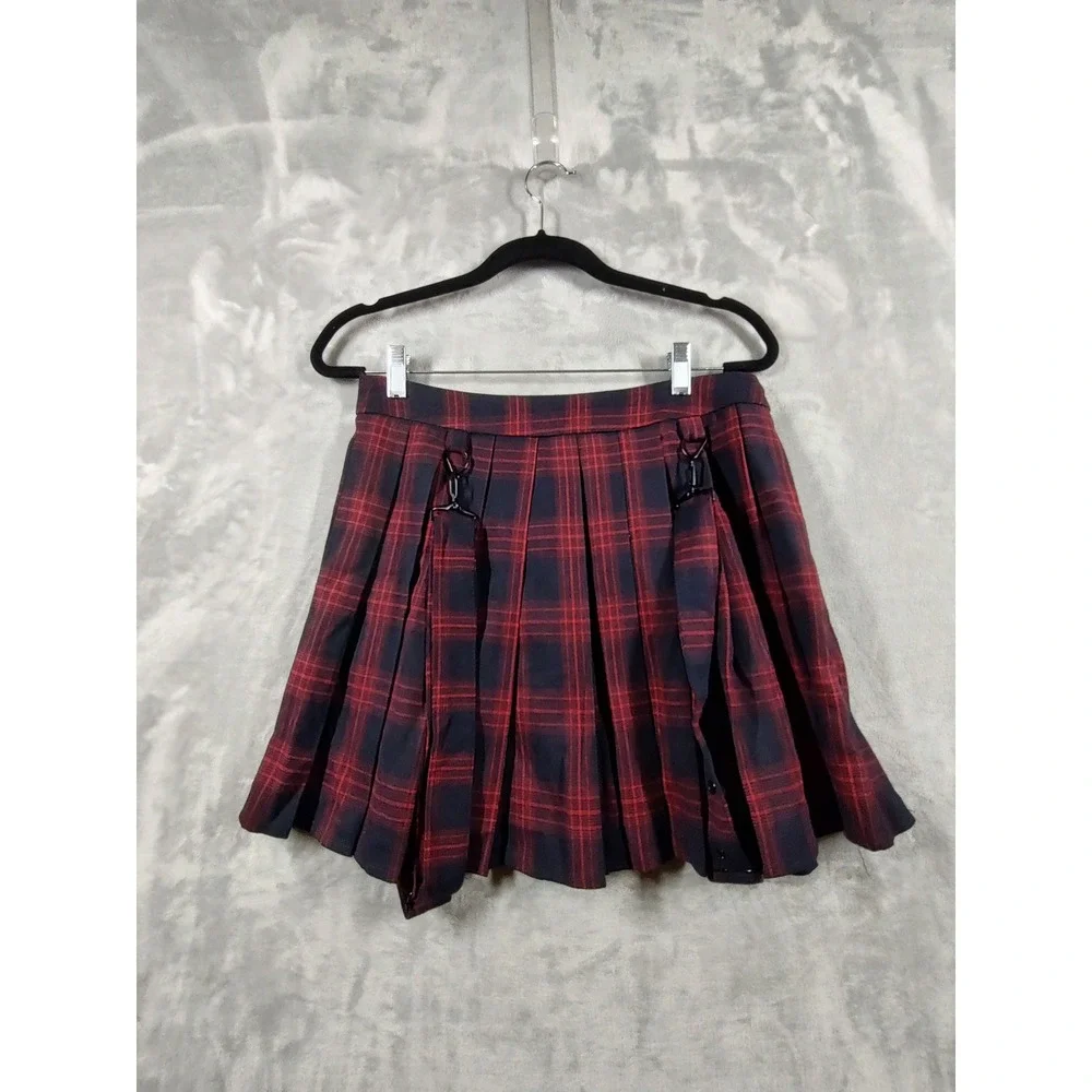 Chouyatou Red‎ Black Plaid Pleated Mini Skirt Punk Gothic Harness Straps Small